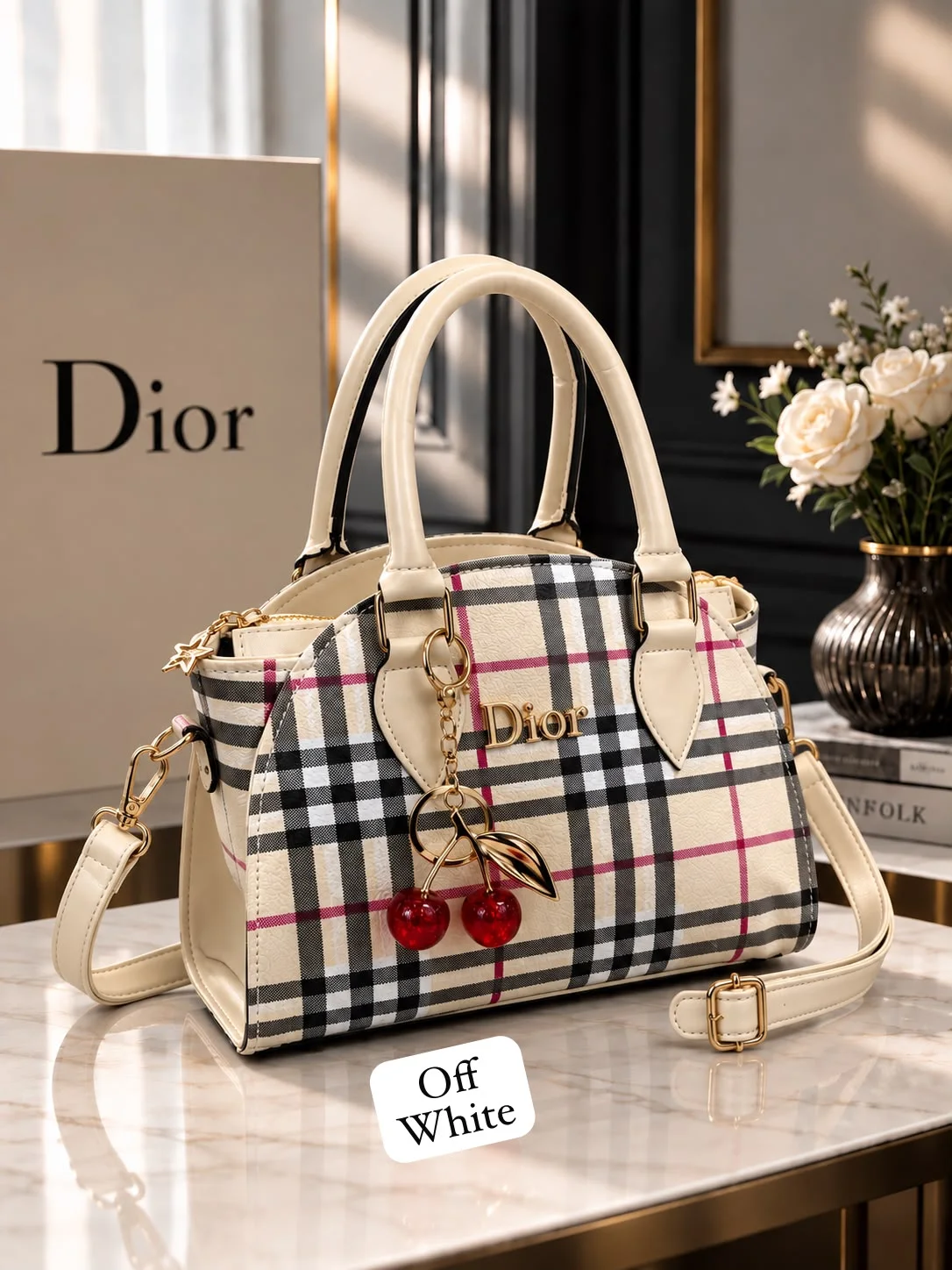 Buy Plaid Cherry Charm Handbag - Olive Green in Cream online in Pakistan - Brandza Handbags