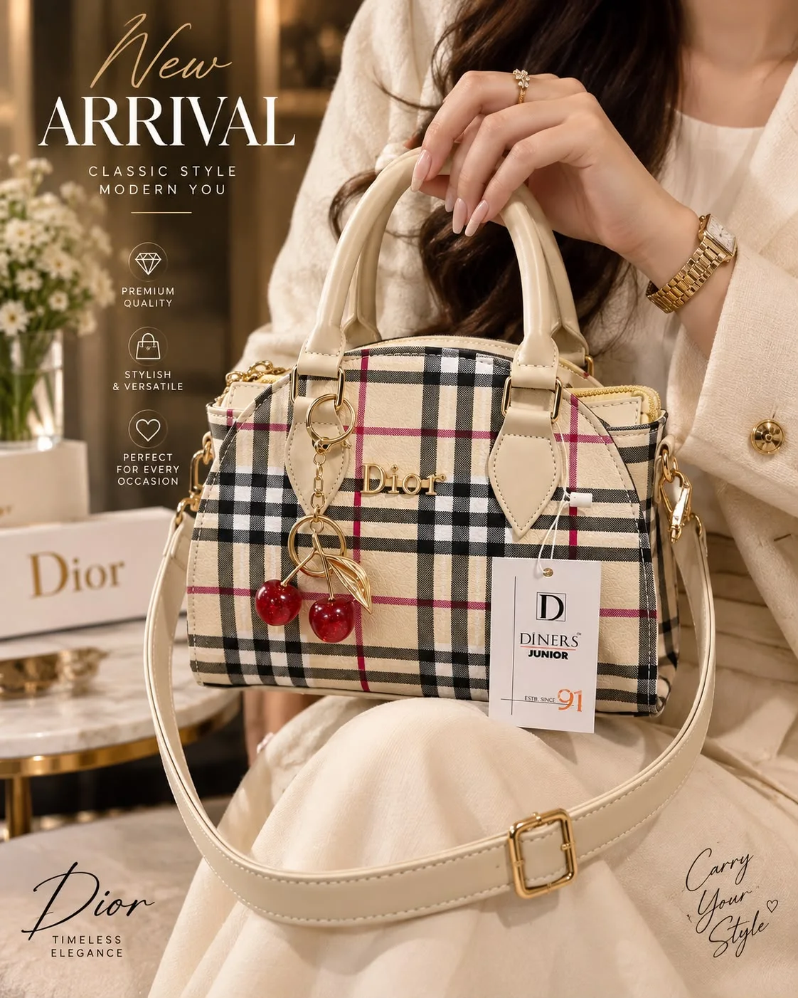 Buy Plaid Cherry Charm Handbag - Off White online in Pakistan - Brandza Handbags view 2
