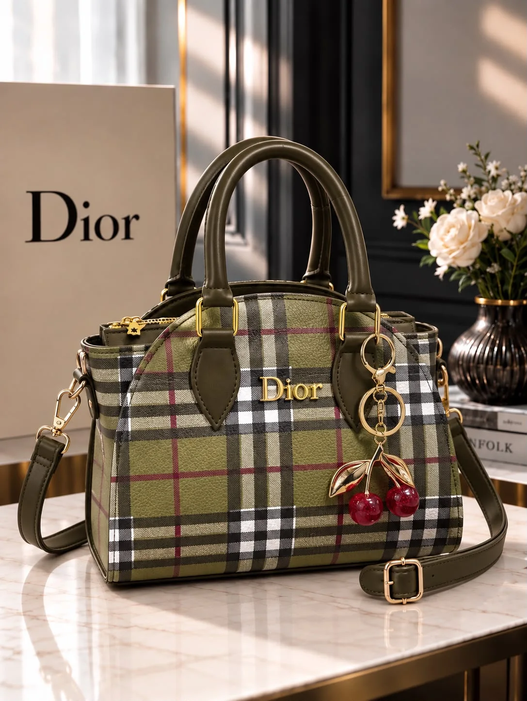 Buy Plaid Cherry Charm Handbag - Olive Green online in Pakistan - Brandza Handbags