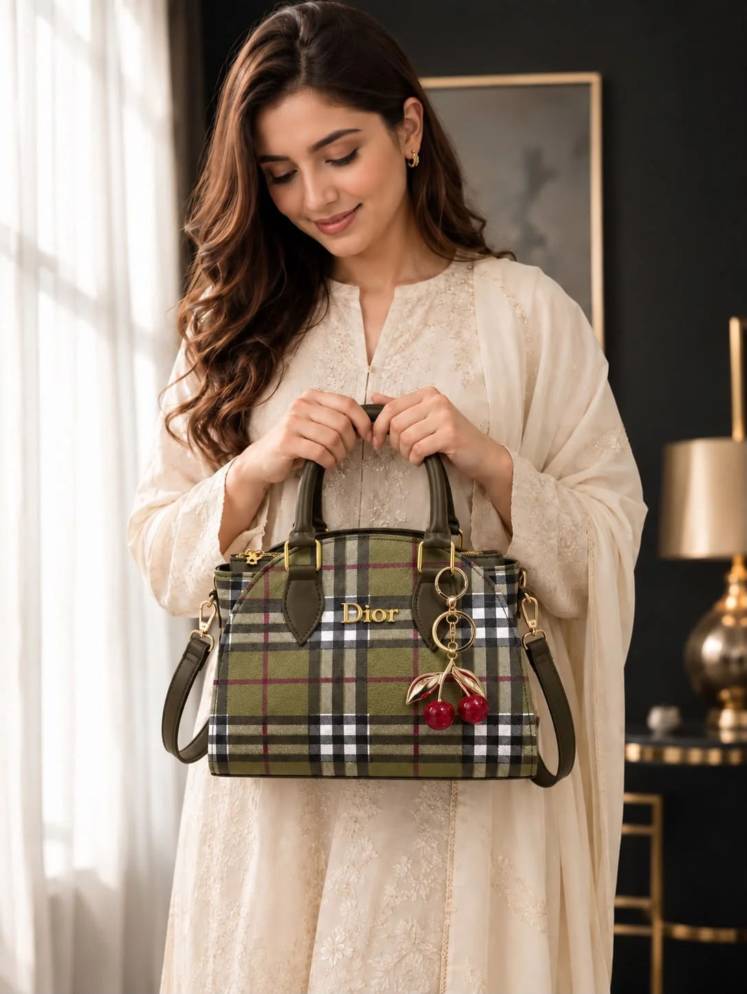 Buy Plaid Cherry Charm Handbag - Olive Green online in Pakistan - Brandza Handbags view 2