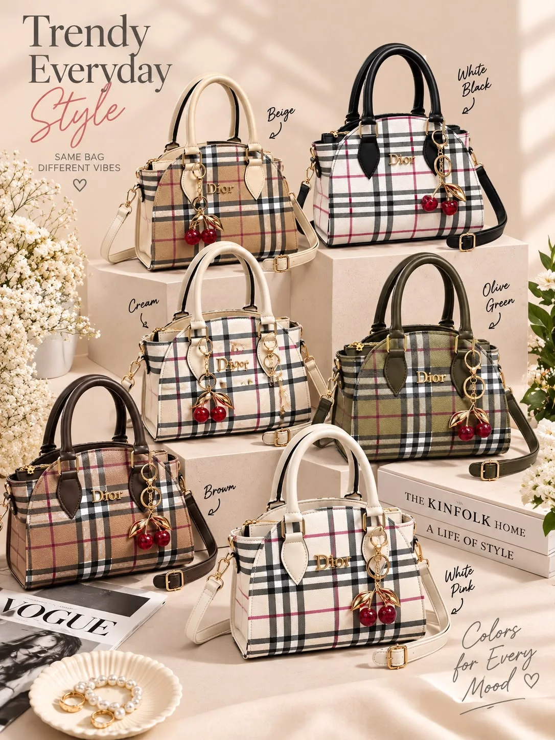Buy Plaid Cherry Charm Handbag - Olive Green online in Pakistan - Brandza Handbags view 3