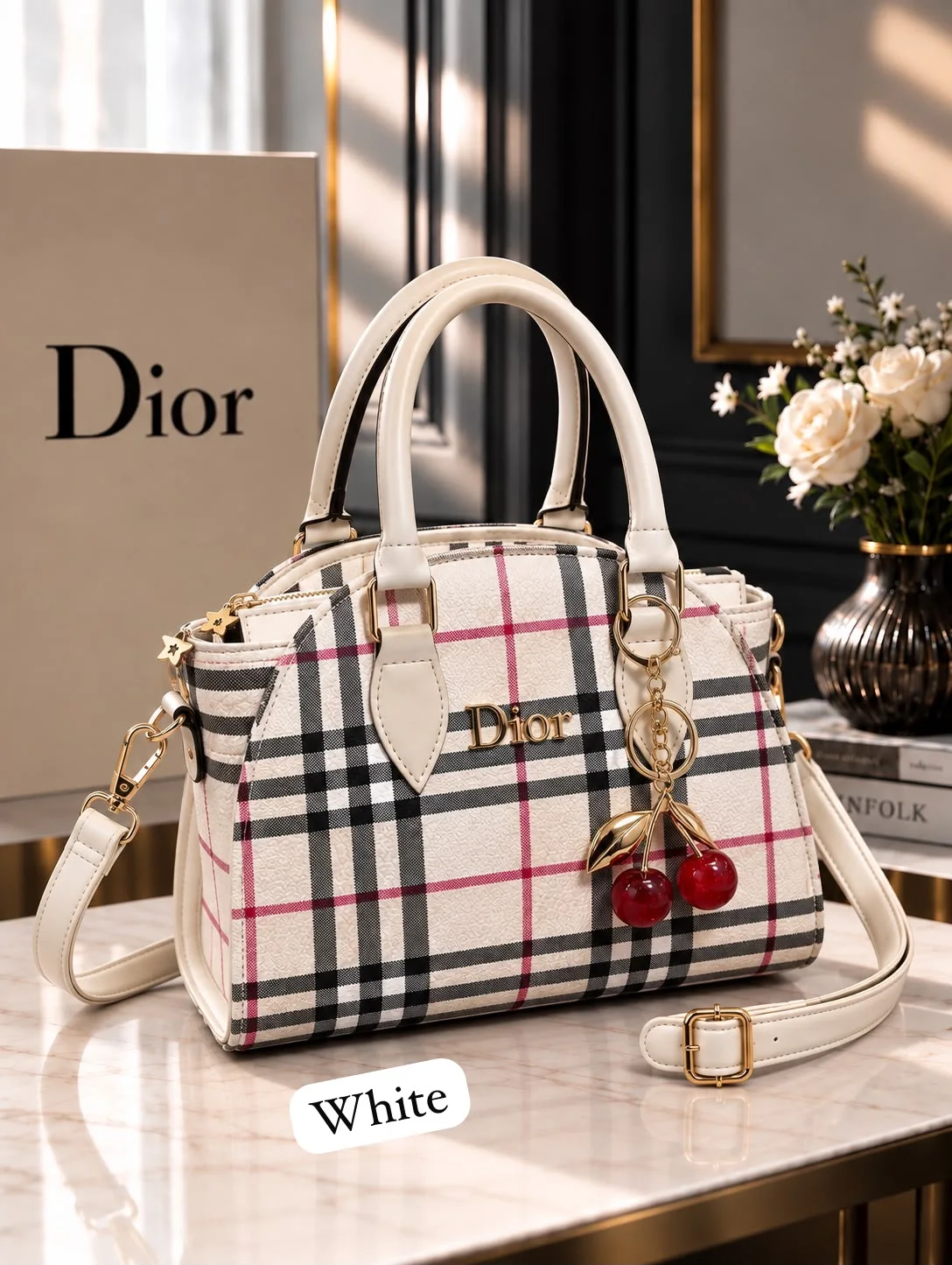 Buy Plaid Cherry Charm Handbag - White online in Pakistan - Brandza Handbags