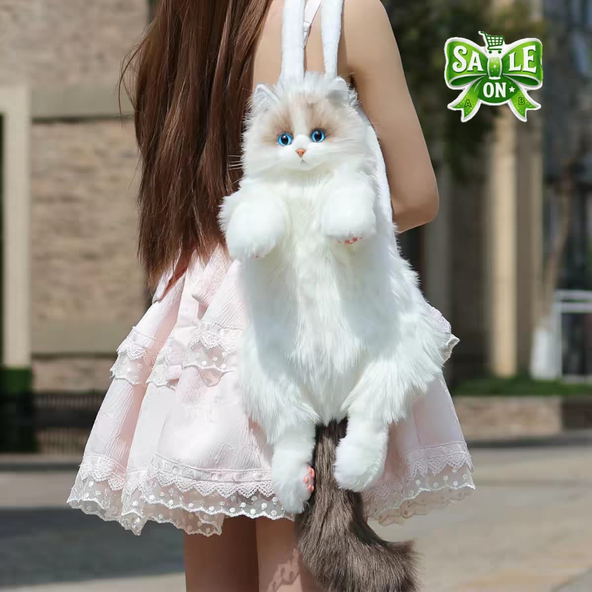 Buy Realistic Meowing Cat Plush Backpack – Interactive Fluffy Kitten Bag with Sound online in Pakistan - Brandza Handbags view 7