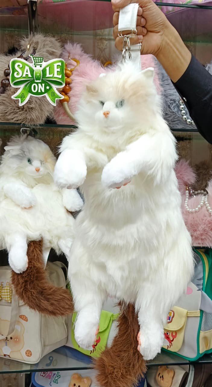 Buy Realistic Meowing Cat Plush Backpack – Interactive Fluffy Kitten Bag with Sound online in Pakistan - Brandza Handbags view 8