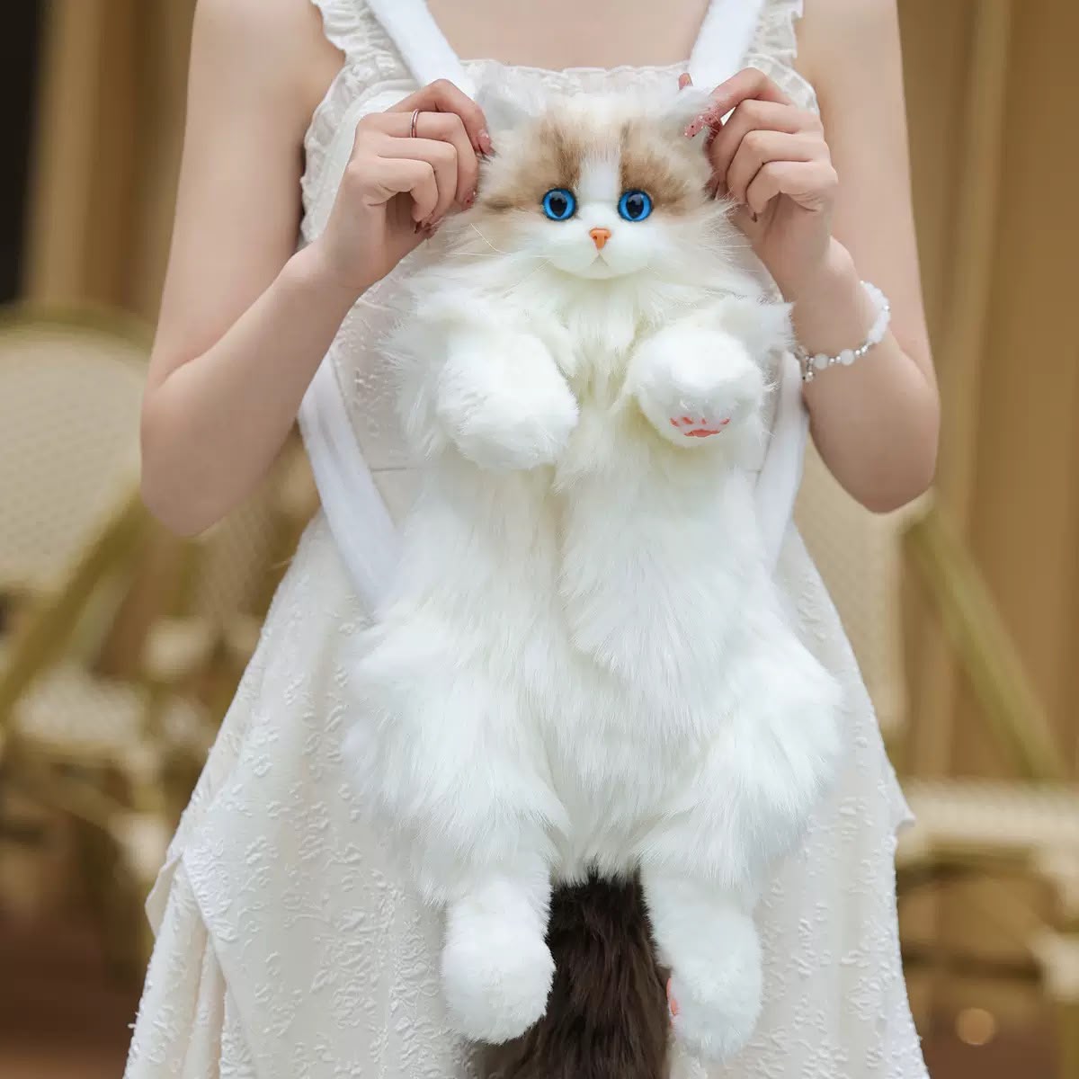 Buy Realistic Meowing Cat Plush Backpack – Interactive Fluffy Kitten Bag with Sound online in Pakistan - Brandza Handbags view 11