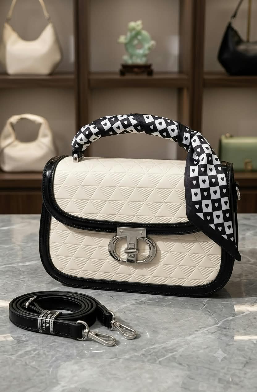 Buy Serivo Imported Quilted Scarf Bag - Cream Black online in Pakistan - Serivo Handbags