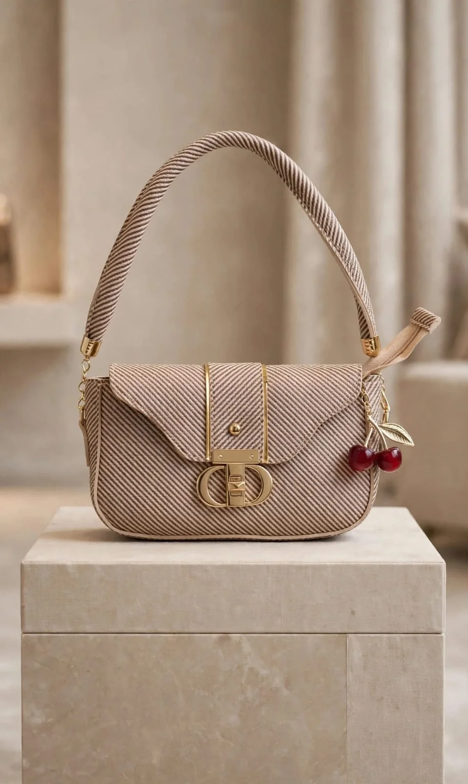 Buy Cherry Lock Striped Shoulder Bag - Taupe online in Pakistan - Serivo Handbags